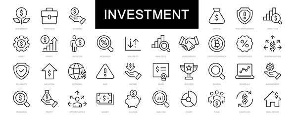 Investment thin line icons set. Investment, Investor, Asset, Profit, Portfolio, Fund, Dividend icon. Investment editable stroke icons. Vector - obrazy, fototapety, plakaty