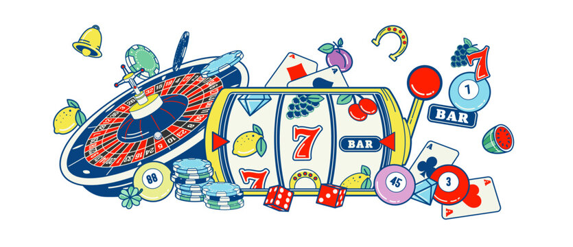 Vintage casino mockup vector based with a slot machine reel, a roulette wheel, poker chips, casino chips, poker cards, play cards, bingo balls, dices, and slot fruit machine symbols.