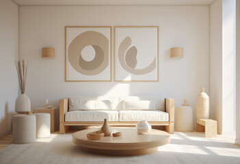 Bright living room with minimalistic white deco. Interior design concept image. Generative AI.