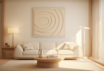 Bright living room with minimalistic white deco. Interior design concept image. Generative AI.