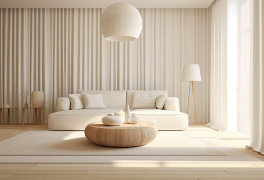 Bright living room with minimalistic white deco. Interior design concept image. Generative AI.