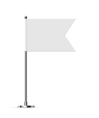 Desk or table flag on chrome pole mock up. White paper or fabric flag on metal stand. Promotional and advertising vector template isolated on white background