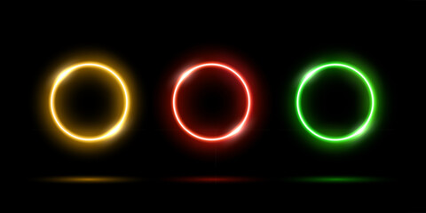 Neon circles set, LED yellow, red and green rings with gradient light effect and glowing