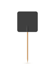 Black flag on wooden toothpick. Square paper topper for cake or other food isolated on white background. Blank mockup for advertising and promotions, location mark, map pointer