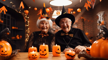 Seniors Decorating Their Retirement Community with Spooky Decor, happy seniors celebrating Halloween, wide banner with copy space area Generative AI