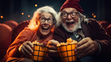Obraz premium Senior Couple Enjoying a Spooky Movie Night, happy seniors celebrating Halloween, wide banner with copy space area Generative AI