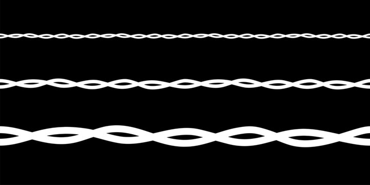 White wire silhouette, seamless pattern set, barbwire with twisted spiral shapes and curves isolated on black background