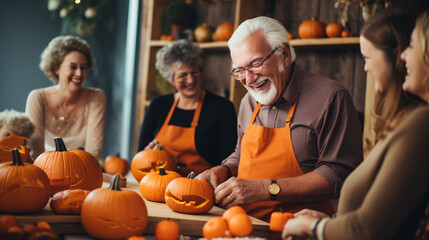 Senior Man Teaching Pumpkin Carving Skills to Others, happy seniors celebrating Halloween, wide banner with copy space area Generative AI
