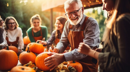 Senior Man Teaching Pumpkin Carving Skills to Others, happy seniors celebrating Halloween, wide banner with copy space area Generative AI