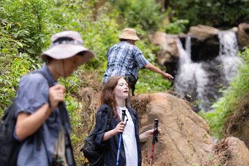 Fototapeta premium Group of friend on a sunny day in the forest Young group hiker with backpack and trekking poles