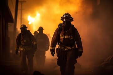 Fototapeta premium Amidst billowing flames and thick smoke, a powerful image encapsulates the valiant efforts of firefighters battling an inferno. 