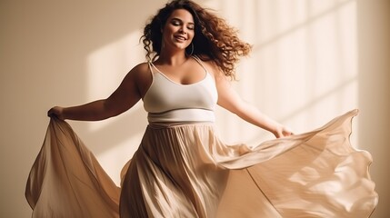 Authentic Plus Size model is dancing. Natural in her movements in this activity, enjoying the process - obrazy, fototapety, plakaty