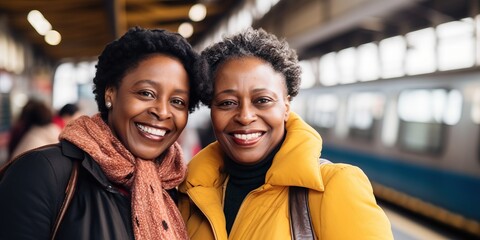 mature happy african american women in railway station