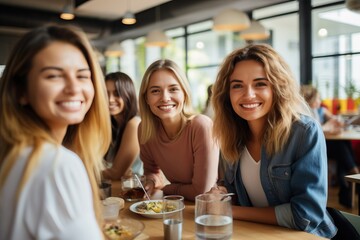 Group of happy young women sitting at table in cafe and smiling.