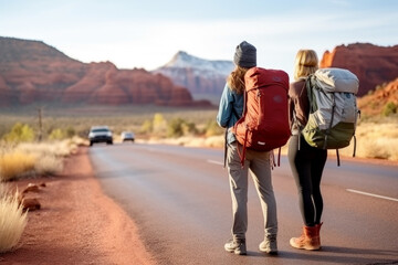 Obraz premium Two young backpackers hitchhiking road in Sedona canyon on a sunny day. Auto stop adventure, backpack concept. 
