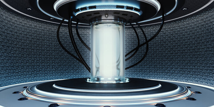 Cryogenic capsule hibernation Cryonics Capsules Glass tube with frozen liquid for hibernation sci fi teleport Science Technology Cryopod Cryopod 3D Illustration Laboratory Equipment Laboratory Scene