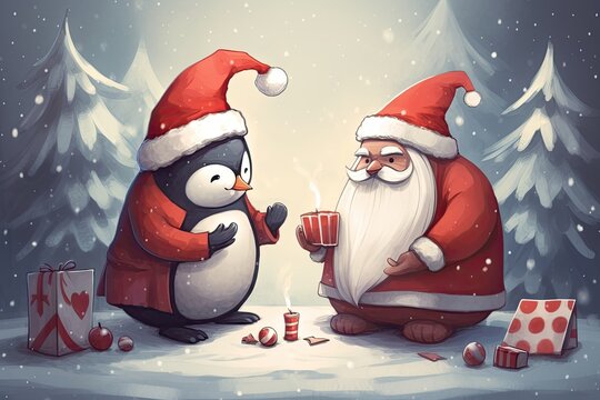 santa claus and penguin playing cards christmas illustration