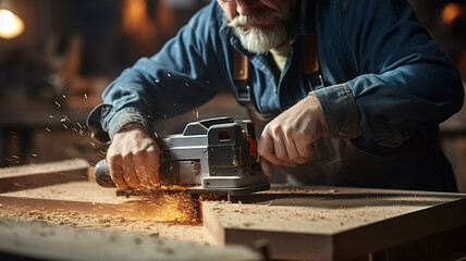 Elderly carpenter cutting a piece of wood in  woodwork workshop - obrazy, fototapety, plakaty