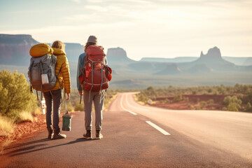 Two young backpackers hitchhiking road in Sedona canyon on a sunny day. Auto stop adventure, backpack concept. 