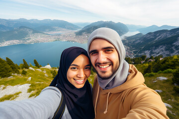 A happy young Muslim couple taking selfie on the top of the mountain with lake view