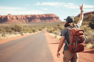 Fototapeta premium Young backpacker hitchhiking road in Sedona canyon on a sunny day. Auto stop adventure, backpack concept.