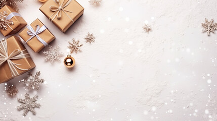 Christmas background, craft gift boxes, garland lights and decorations on snow  christmas concept