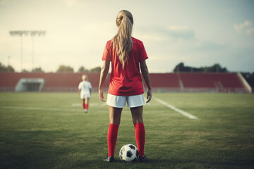 Young female soccer player in red jersey with ball on the football field - Powered by Adobe