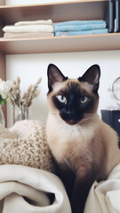 Siamese cat on the bed in the bedroom