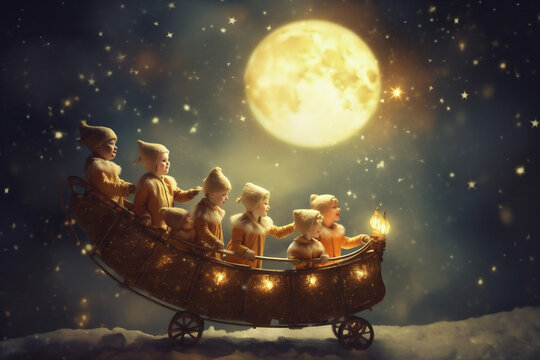 magic year moon christmas claus night child winter holiday snow. Generative AI.