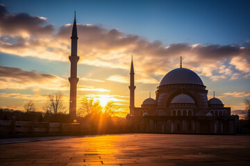 Big generic mosque with minarets with sun behind