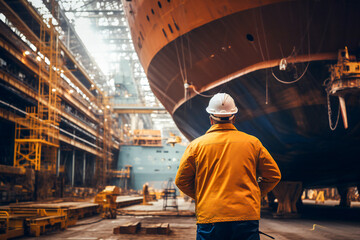 Big ship under construction in shipyard with shipyard workers around