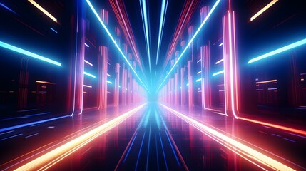 Glowing Lines of Neon Lights in multiple Colors moving in high Speed. Futuristic Background
