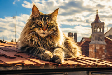 A furry cat on the roof above a medieval city