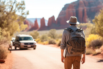 Young backpacker hitchhiking road in Sedona canyon on a sunny day. Auto stop adventure, backpack concept.
