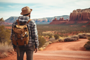 Young backpacker hitchhiking road in Sedona canyon on a sunny day. Auto stop adventure, backpack concept.