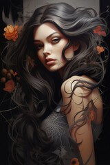 Enchanted Bloom: A Maiden Entwined with Florals and Webs. Generative AI