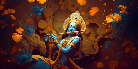 Lord Krishna Playing Flute, janmashtami, Illustration, Generative A.I 