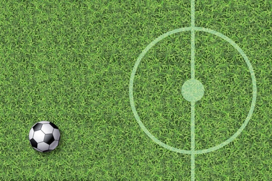 Top view of a black and white classic soccer ball next to the center circle on a green football field. Vector illustration. Close up.