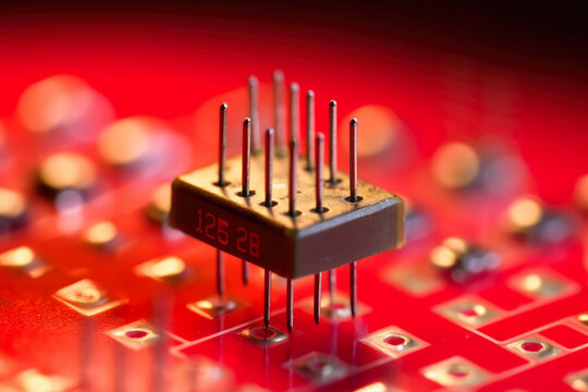 Precision Engineering: Captivating Macro View of Zener Diode on Red PCB, Regulating Voltage in Advanced Electronics
