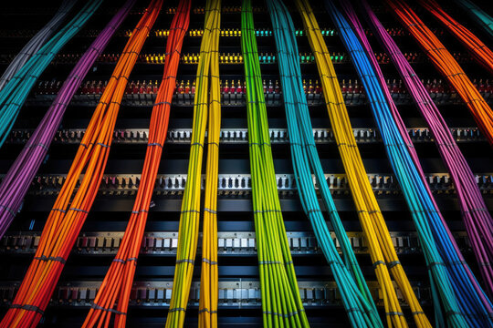 Captivating Aerial Perspective of a Vibrant Cable Tray Network in a Cutting-Edge Data Center, Showcasing an Array of Wires and Cables