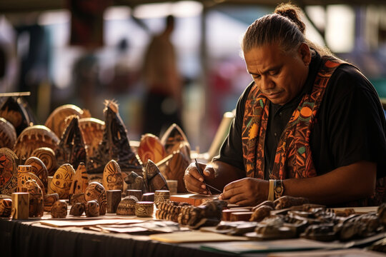 An engaging image capturing a seller in a market in Oceania, showcasing indigenous crafts and artwork, the scene a reflection of the region's rich cultural heritage 