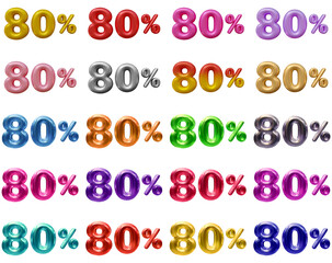 Set of 80 percent in 3d rendering isolated on transparent background for discount, promotion and sale concept
