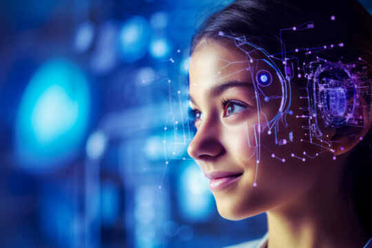 Young female student imagining what the future will bring with science, technology and maths education. Technology concept. - Powered by Adobe