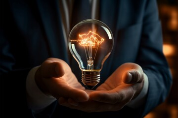 Glowing bulb in CEOs hand signifies business acumen and ingenuity Generative AI