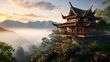 A house on a mountain with a mountain view and fog illustration
