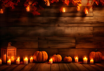 Wooden background decorated by pumpkins, lanterns, candles and autumn leaves. Generative AI
