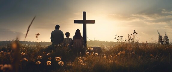 A family stands in a field of flowers and a cross in the foreground with sunset view