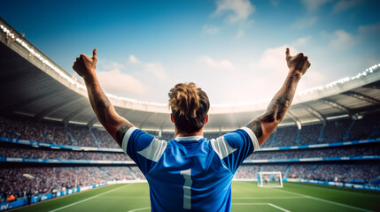 Fototapeta na wymiar Rear view of soccer player cheering with arms raised against football stadium