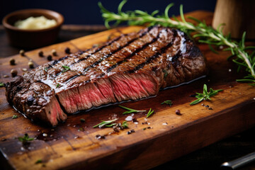 Grilled steak on the wooden board with rosemary on the side