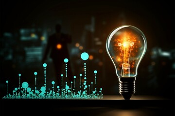 Silhouette executive grips innovative bulb, growth graph symbolizing business success Generative AI